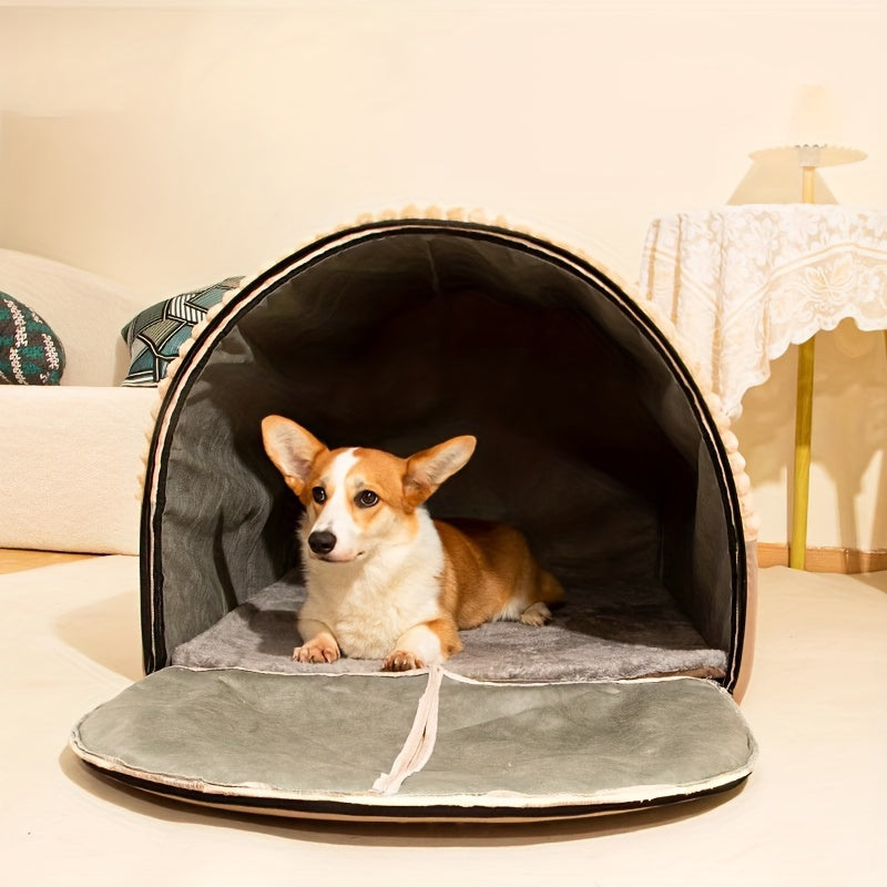 Foldable Dog Bed Cave 2-in-1 All Season – Fully Enclosed Covered Pet House with Handle, Soft Fluffy Non-Slip Washable Nest for Large, Medium & Small Dogs and Cats – Free Drool Bib – Velora