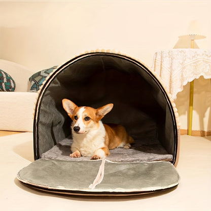 Foldable Dog Bed Cave 2-in-1 All Season – Fully Enclosed Covered Pet House with Handle, Soft Fluffy Non-Slip Washable Nest for Large, Medium & Small Dogs and Cats – Free Drool Bib – Velora