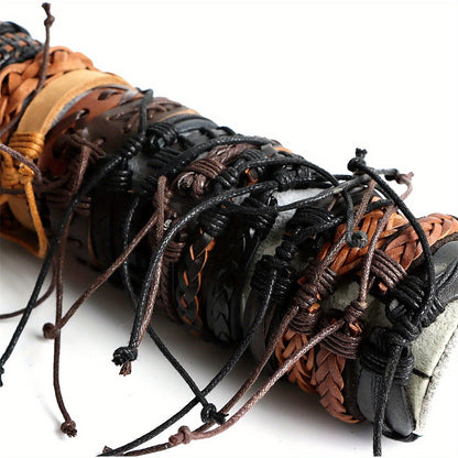 26 Pcs Vintage Faux Leather Braided Bracelet Set for Men and Women Adjustable Handmade Woven Cuff Bracelets Unisex Black Brown Retro Style Boho Jewelry Gift for Party Daily Wear