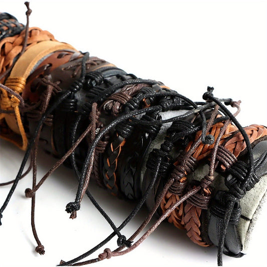 26 Pcs Vintage Faux Leather Braided Bracelet Set for Men and Women Adjustable Handmade Woven Cuff Bracelets Unisex Black Brown Retro Style Boho Jewelry Gift for Party Daily Wear