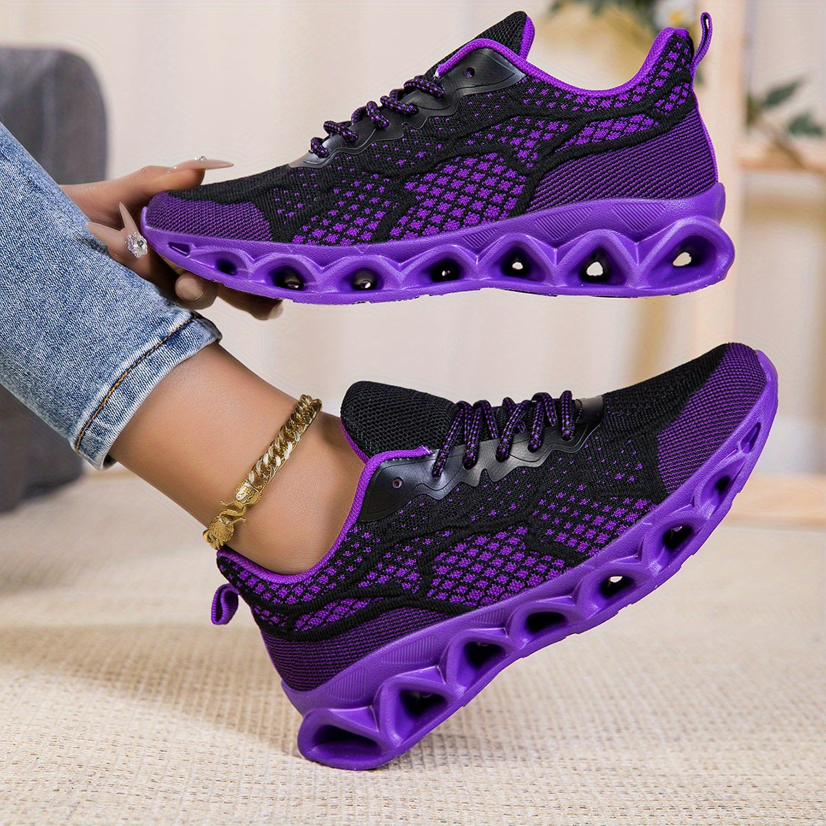Women's Lightweight Breathable Mesh Sneakers – Low-Top EVA Sole Pronation Control All-Season Road Running Shoes, Purple, US Sizes 6–10.5