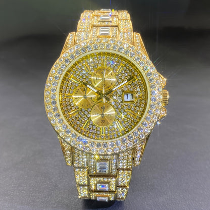 Luxury Iced Out Rhinestone Quartz Watch for Men & Women – Hip Hop Fashion Waterproof Auto Date Watch in Gold & Silver, Sparkling CZ Dial, Perfect for Parties & Everyday Wear