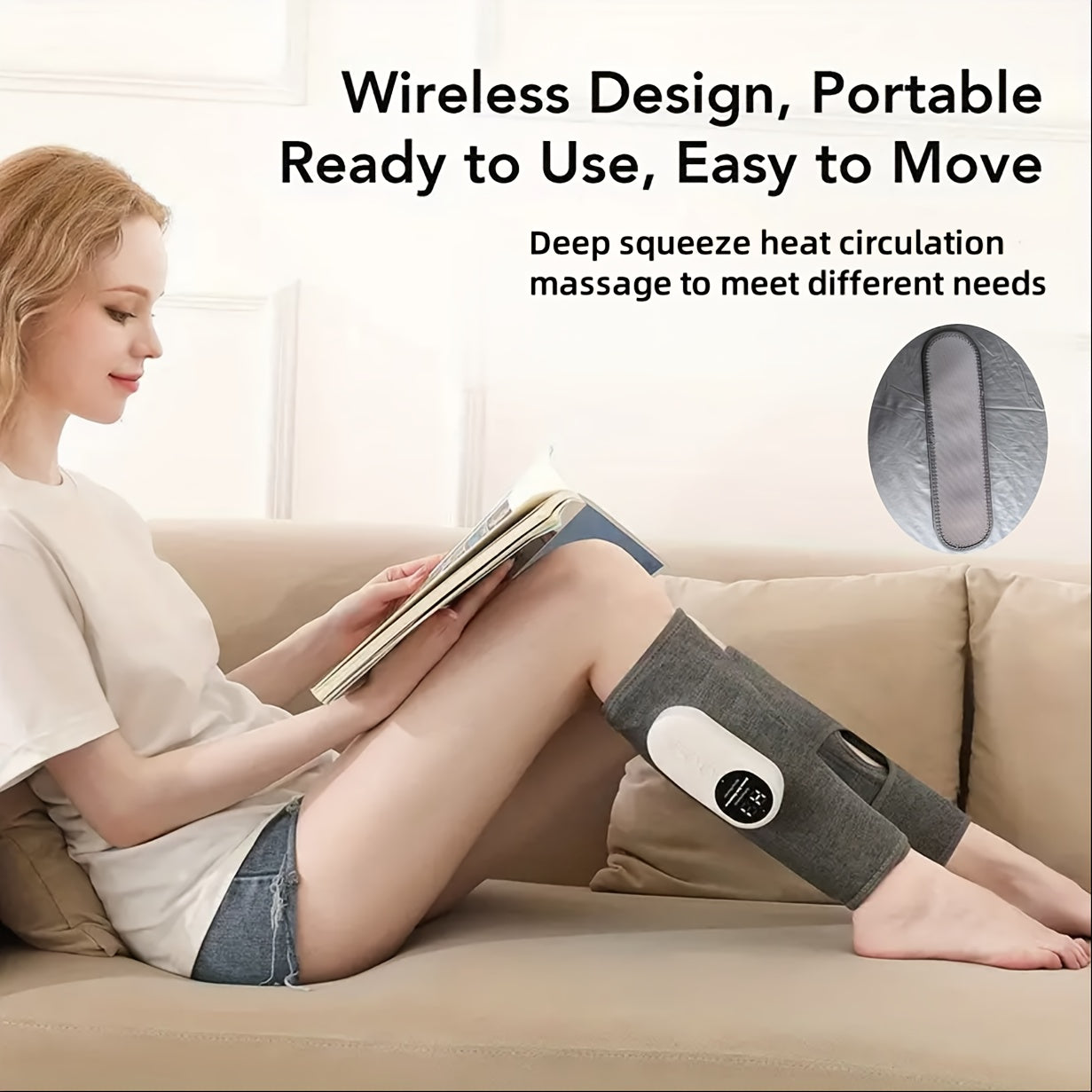 Cordless Air Compression Leg Massager 3 Intensities Calf Thigh Foot Knee Relief Rechargeable Portable Massager for Home Office Travel Gray Black