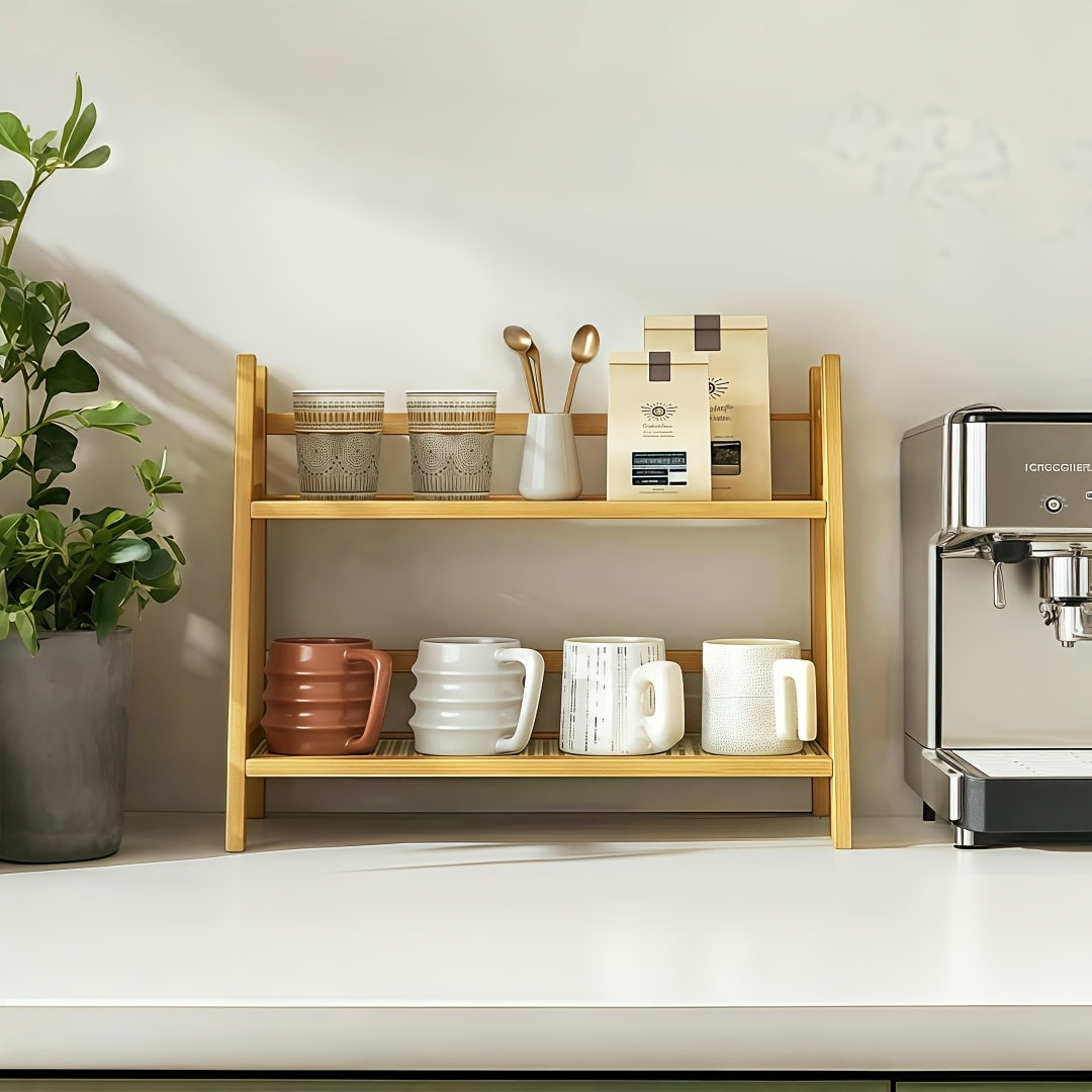 2-Tier Wooden Countertop Shelf Organizer Vintage Trapezoidal Design, Bamboo Desktop Storage Rack for Kitchen Office Bedroom, Space-Saving Counter Shelf for Coffee Cups Books Decor – 1 or 2 Pack, Large & Medium