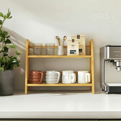 2-Tier Wooden Countertop Shelf Organizer Vintage Trapezoidal Design, Bamboo Desktop Storage Rack for Kitchen Office Bedroom, Space-Saving Counter Shelf for Coffee Cups Books Decor – 1 or 2 Pack, Large & Medium