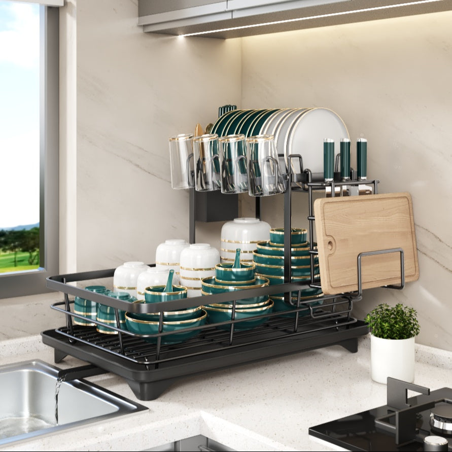 2-Tier Metal Dish Drying Rack with Cutlery Holder, Cup Holder & Rust-Proof Drip Tray – Space-Saving Countertop Dish Drainer for Kitchen Organization, Durable Steel Dish Rack for All Countertop Types