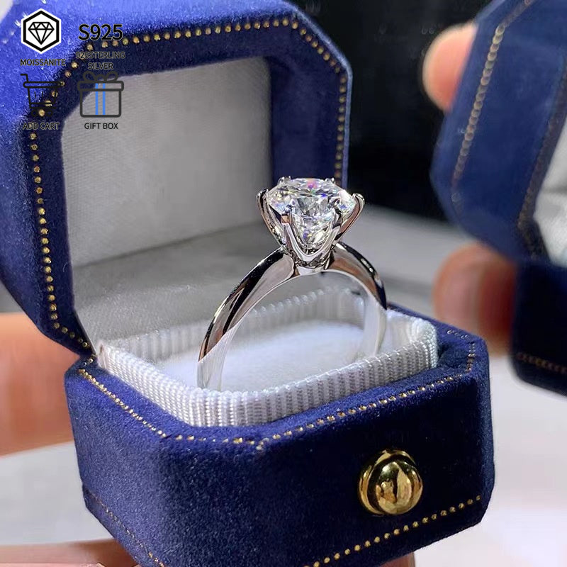 S925 Sterling Silver 2.0 Carat Moissanite Solitaire Engagement Ring – Classic Six-Prong Setting, GRA Certified Lab Diamond Alternative, Comes with Luxury Gift Box, Sizes 4–11