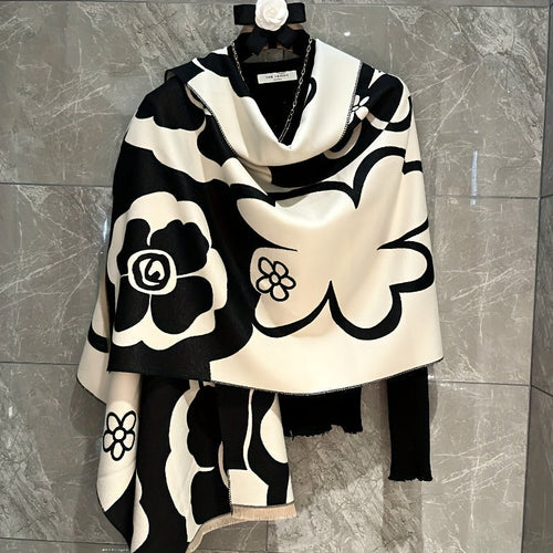 Women's Elegant Floral Print Shawl Scarf – Soft Warm Fleece-Like Texture, Lightweight Breathable Winter Wrap, Versatile Blanket Scarf for Casual & Formal Outfits