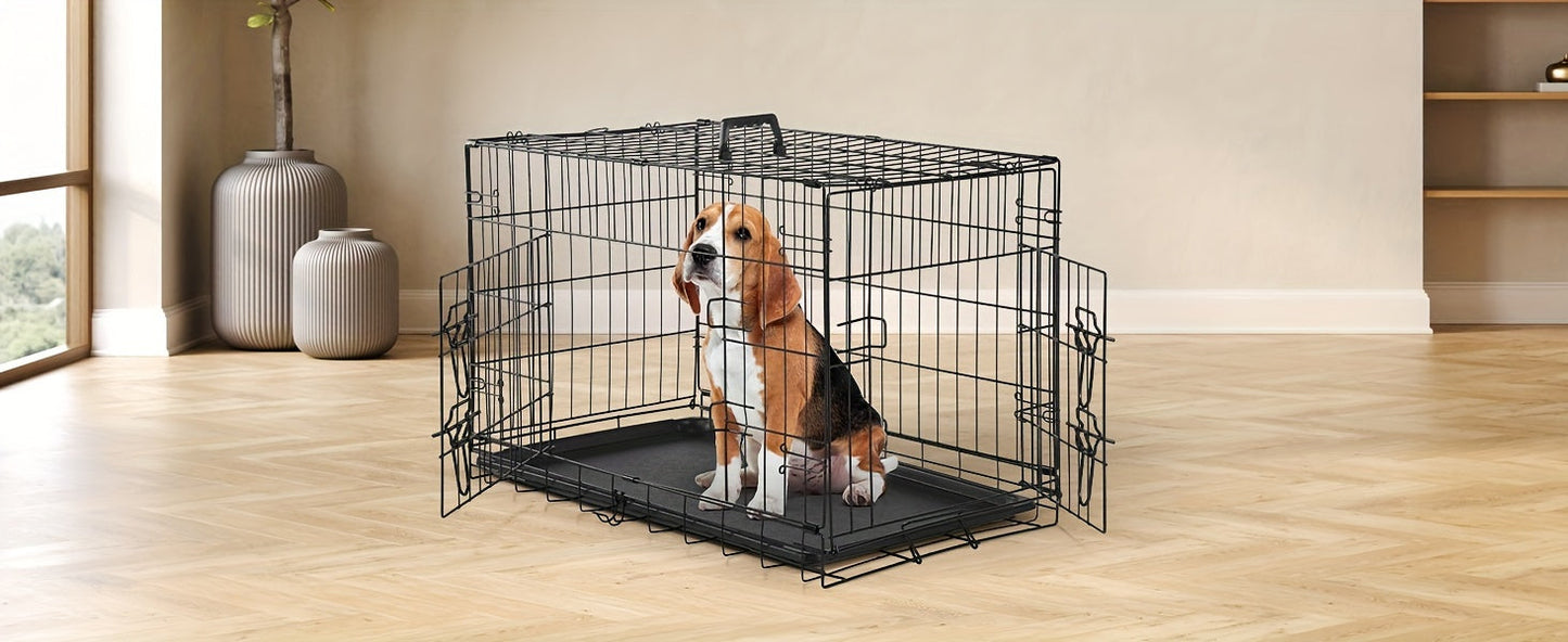 Folding Metal Wire Dog Crate Double Door with Divider Panel Leak-Proof Pan Tray Pet Kennel Indoor Outdoor Travel Small Medium Large XL Dogs 4 Sizes
