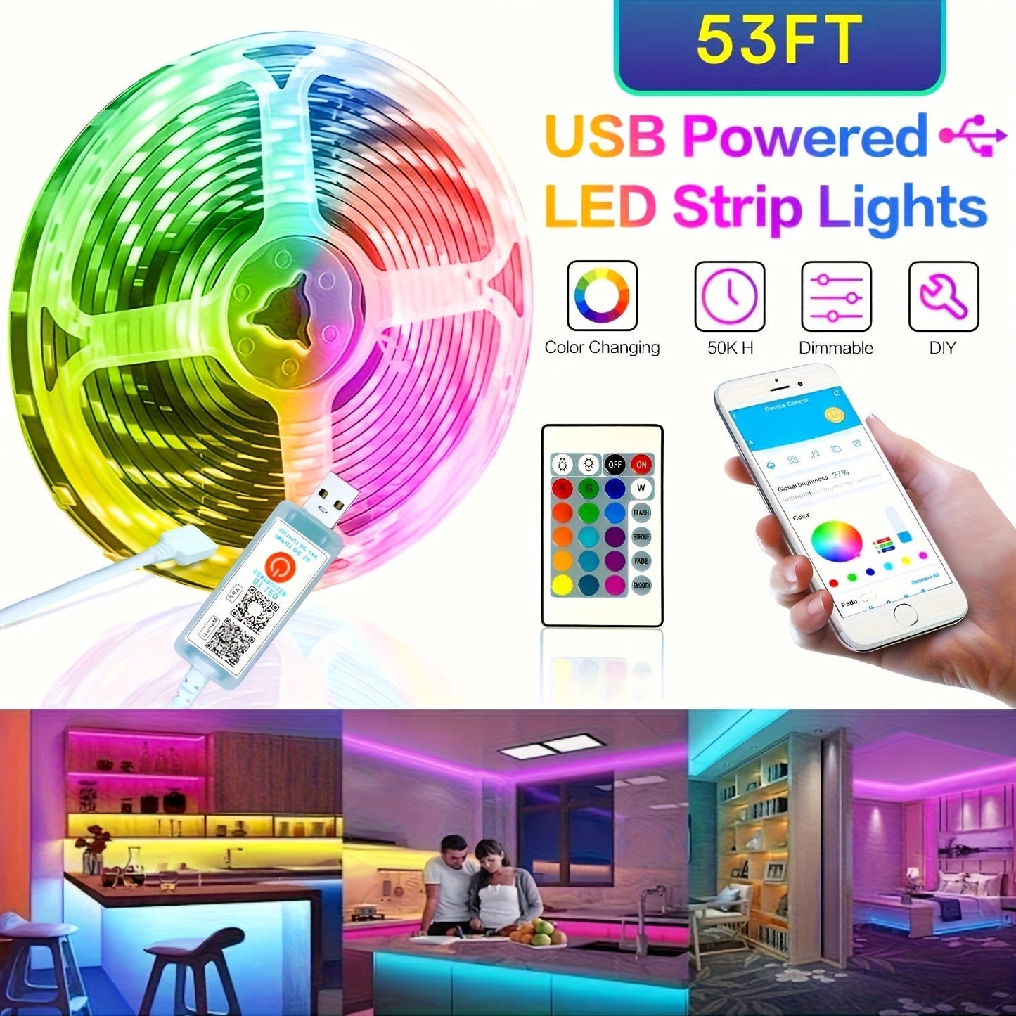 RGB LED Strip Lights App Remote Control Music Sync Dimmable Color Changing Timing – Smart LED Lights for Bedroom Living Room Game Room Decor 16.4FT to 200FT