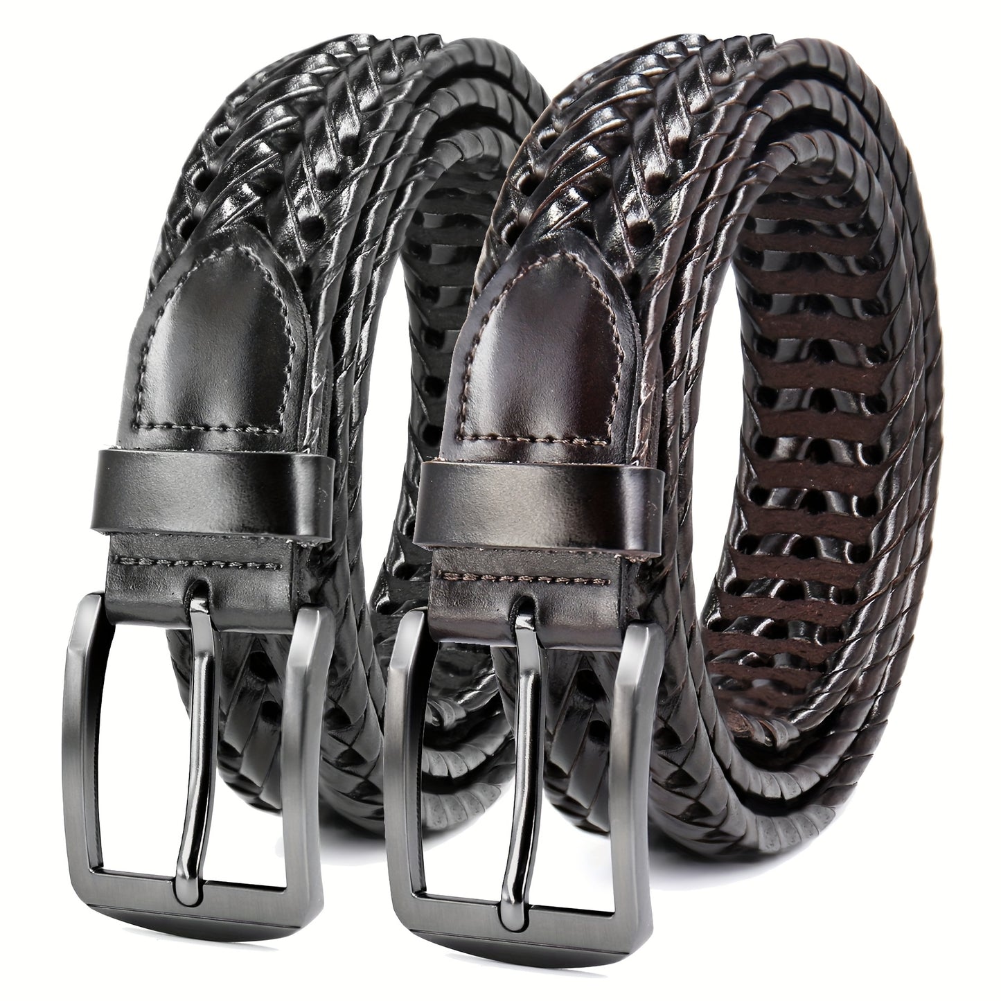 Men's Leather Braided Belt 2 Pack - Casual Dress Belt for Golf Pants Jeans Everyday Wear Zinc Alloy Buckle Multiple Colors Sizes 34-50
