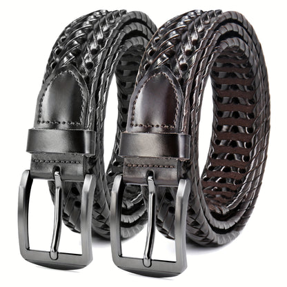 Men's Leather Braided Belt 2 Pack - Casual Dress Belt for Golf Pants Jeans Everyday Wear Zinc Alloy Buckle Multiple Colors Sizes 34-50