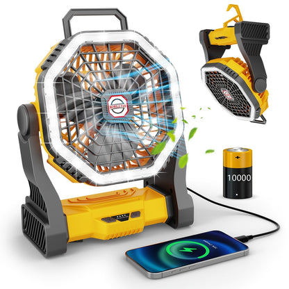 Rechargeable Portable Camping Fan with LED Light & Hanging Rope - 4-Speed USB Battery Powered Tent Fan for Outdoor Travel Indoor Home
