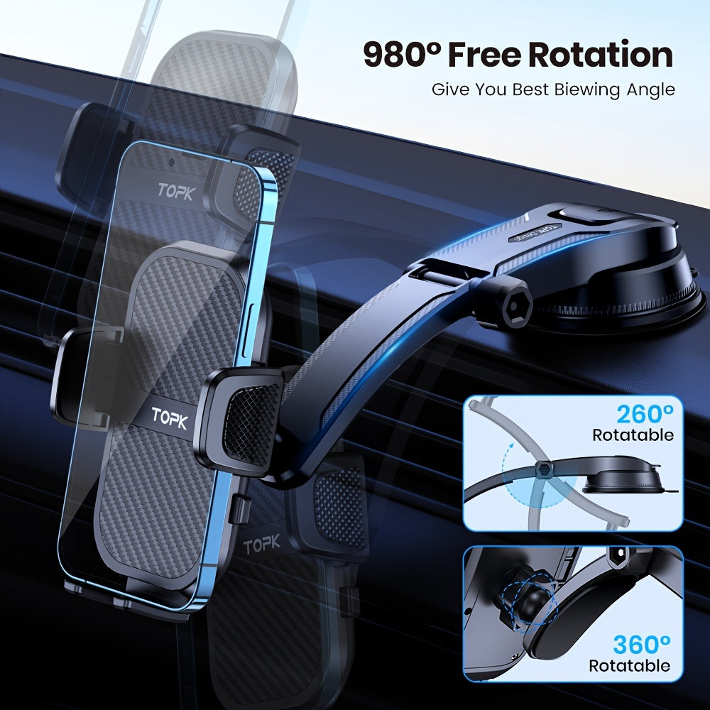 Dashboard Car Phone Mount Strong Adhesive Sticky Pad, 360° Rotation Adjustable Vertical Horizontal, Bonus Adhesive Pads Included, Universal Fit for iPhone 15 14 Samsung Galaxy Android, Black