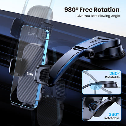 Dashboard Car Phone Mount Strong Adhesive Sticky Pad, 360° Rotation Adjustable Vertical Horizontal, Bonus Adhesive Pads Included, Universal Fit for iPhone 15 14 Samsung Galaxy Android, Black
