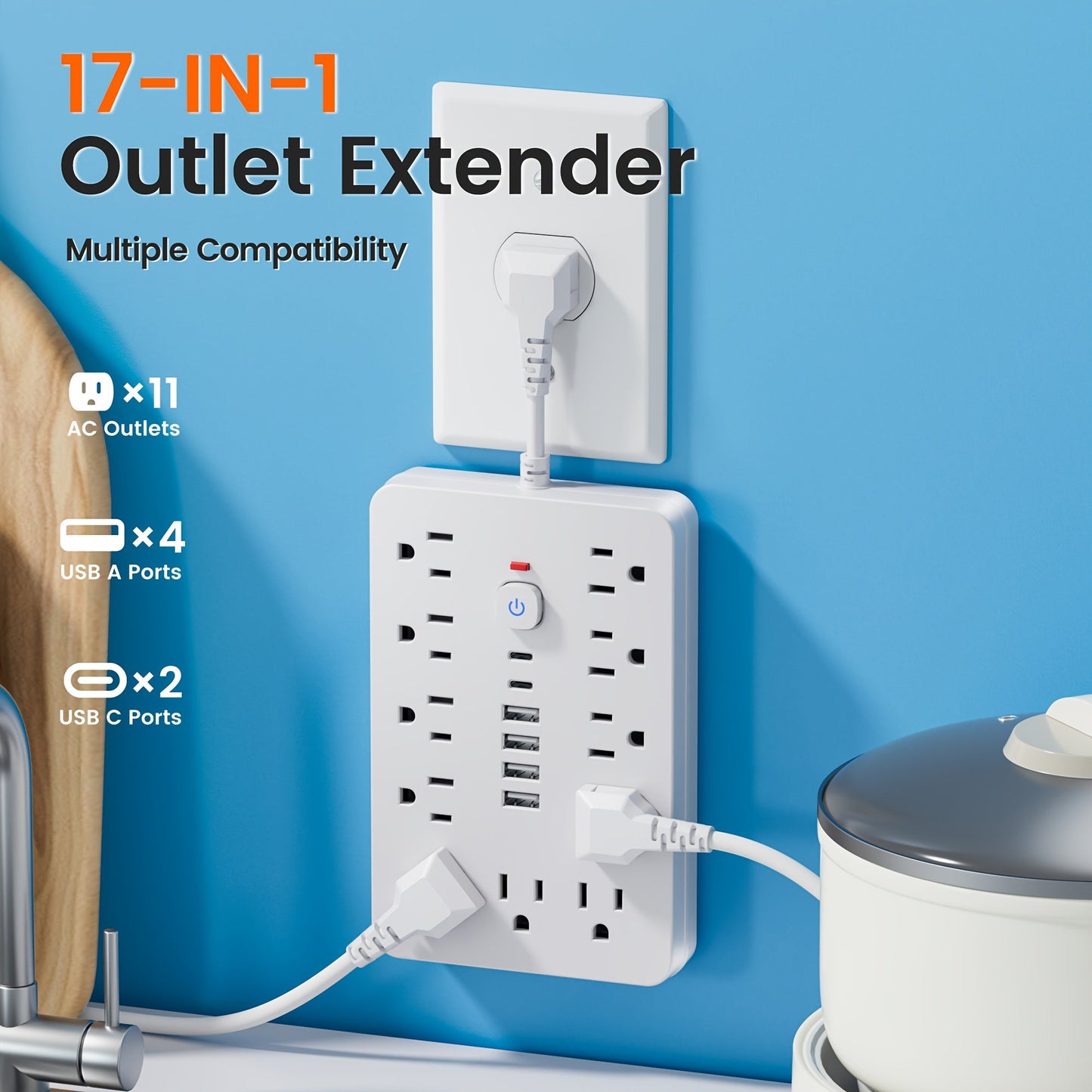 Surge Protector Power Strip 11 AC Outlets | 4 USB-A & 2 USB-C Ports, Overload Protection, Short/5FT/10FT Extension Cord – Multi-Outlet Power Socket for Home, Office, Desk & School – White & Black