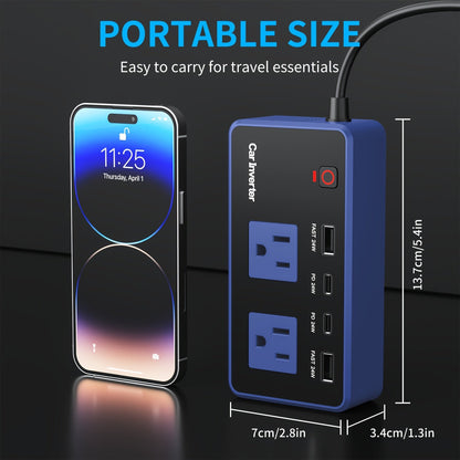 200W Car Power Inverter DC 12V to AC 110V with 24W USB-C & USB-A 4.8A Ports – Vehicle Outlet Adapter for Laptop, Camping, Travel & Road Trip Power Converter