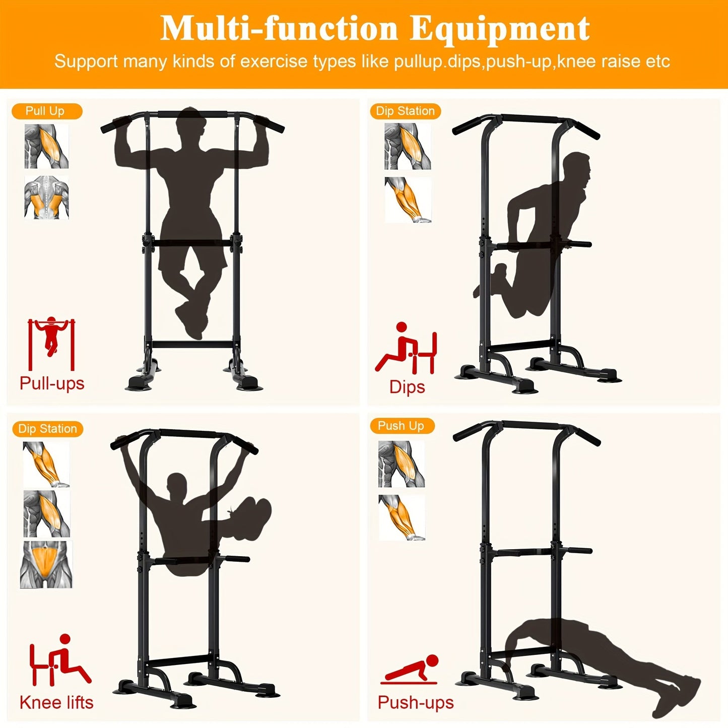 Adjustable Power Tower Dip Station Pull Up Bar for Home Gym 10 Height Levels 65-82.7 Inch 330LBS Capacity 6 Exercise Positions Full Body Strength Training Black Red Yellow Blue Pink Orange