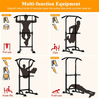 Adjustable Power Tower Dip Station Pull Up Bar for Home Gym 10 Height Levels 65-82.7 Inch 330LBS Capacity 6 Exercise Positions Full Body Strength Training Black Red Yellow Blue Pink Orange