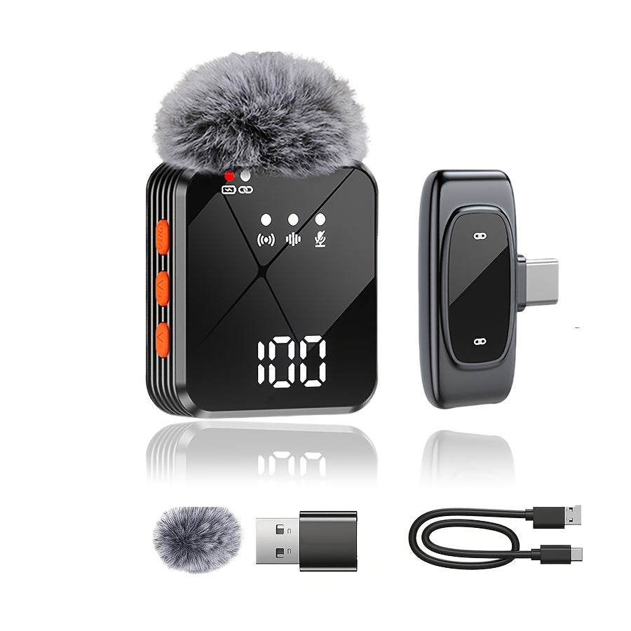 2-in-1 Wireless Lavalier Microphone USB-C with Intelligent Noise Cancellation, Omnidirectional Condenser Mic & Pom-Pom Windshield – Plug & Play Clip-On Lapel Mic for Live Streaming, Interviews, Vlogging & Content Creation on iPhone & Android