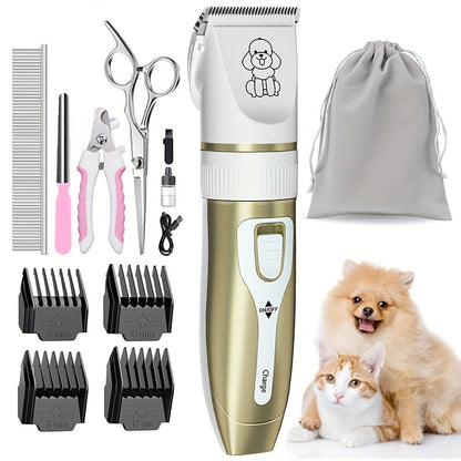 USB Rechargeable Pet Grooming Clippers Kit for Dogs & Cats – Ceramic Blades, Low Noise, Cordless Electric Clipper Set with Brush & Comb