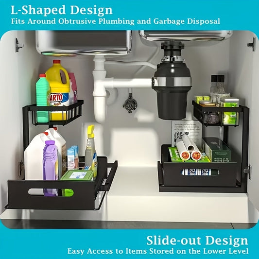 Pull Out Under Sink Organizer 2-Tier Slide-Out Cabinet Shelf, Kitchen Bathroom Utility Rack Storage Shelves, Sliding Cabinet Organizer for Under Sink Kitchen Bathroom Pantry – 1 or 2 Pack Options