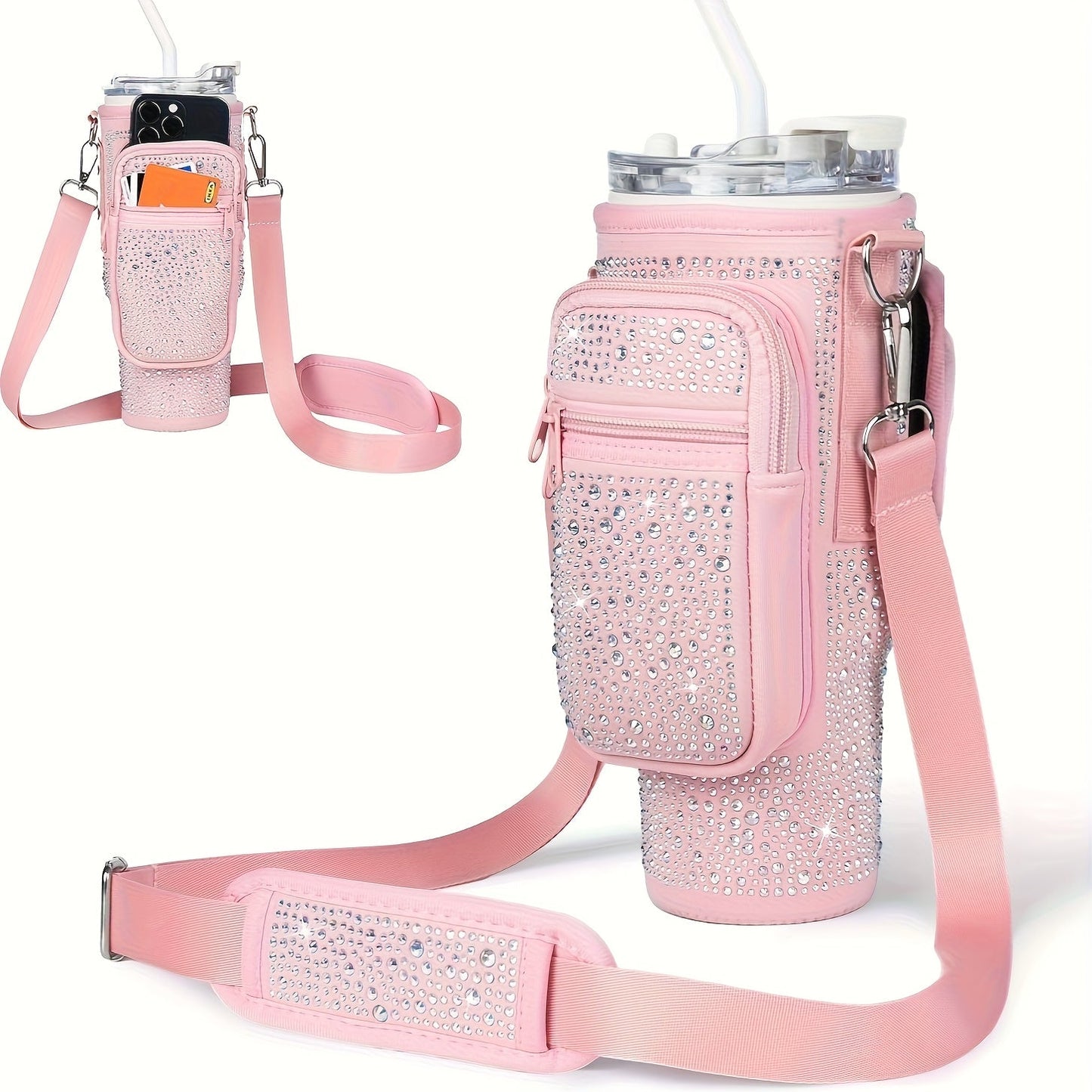 Neoprene Tumbler Carrier Bag with Phone Pocket & Adjustable Shoulder Strap – Fits 30 & 40 oz Tumblers, Clip-On Water Bottle Holder for Hiking, Camping & Outdoor Sports, 4 Colors
