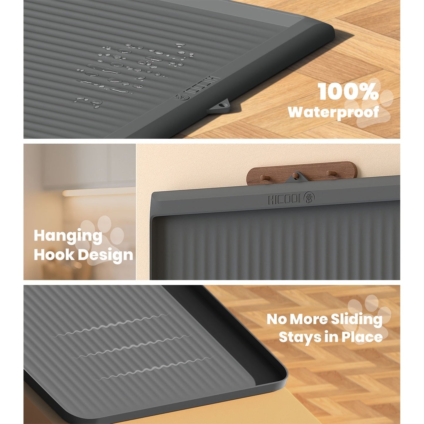 Waterproof Pet Feeding Mat 36"x24" Large Non-Slip Dog & Cat Food Mat – Raised Edges, Diversion Grooves, Easy to Clean, Dog Bowl Mat for Food & Water, Grey