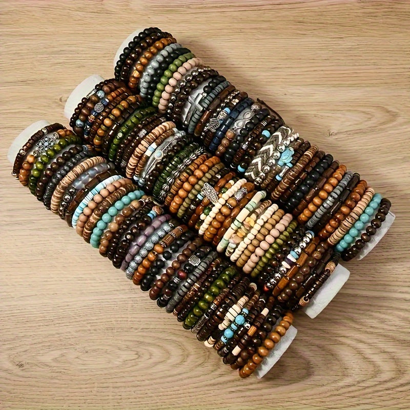 36-Pack Assorted Boho Wooden Beaded Bracelets for Women & Men – Handmade Vintage Style with Zinc Alloy Charms, Bulk Jewelry Set for Gifts & Party Favors