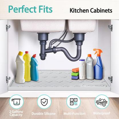 Under Sink Mat Waterproof Silicone 34" x 22", Under Sink Drip Tray Liner for Kitchen Bathroom Cabinet, Holds Up to 2 Gallons, Non-Toxic Leak Protection Mat with Raised Edges & Four-Leaf Clover Pattern