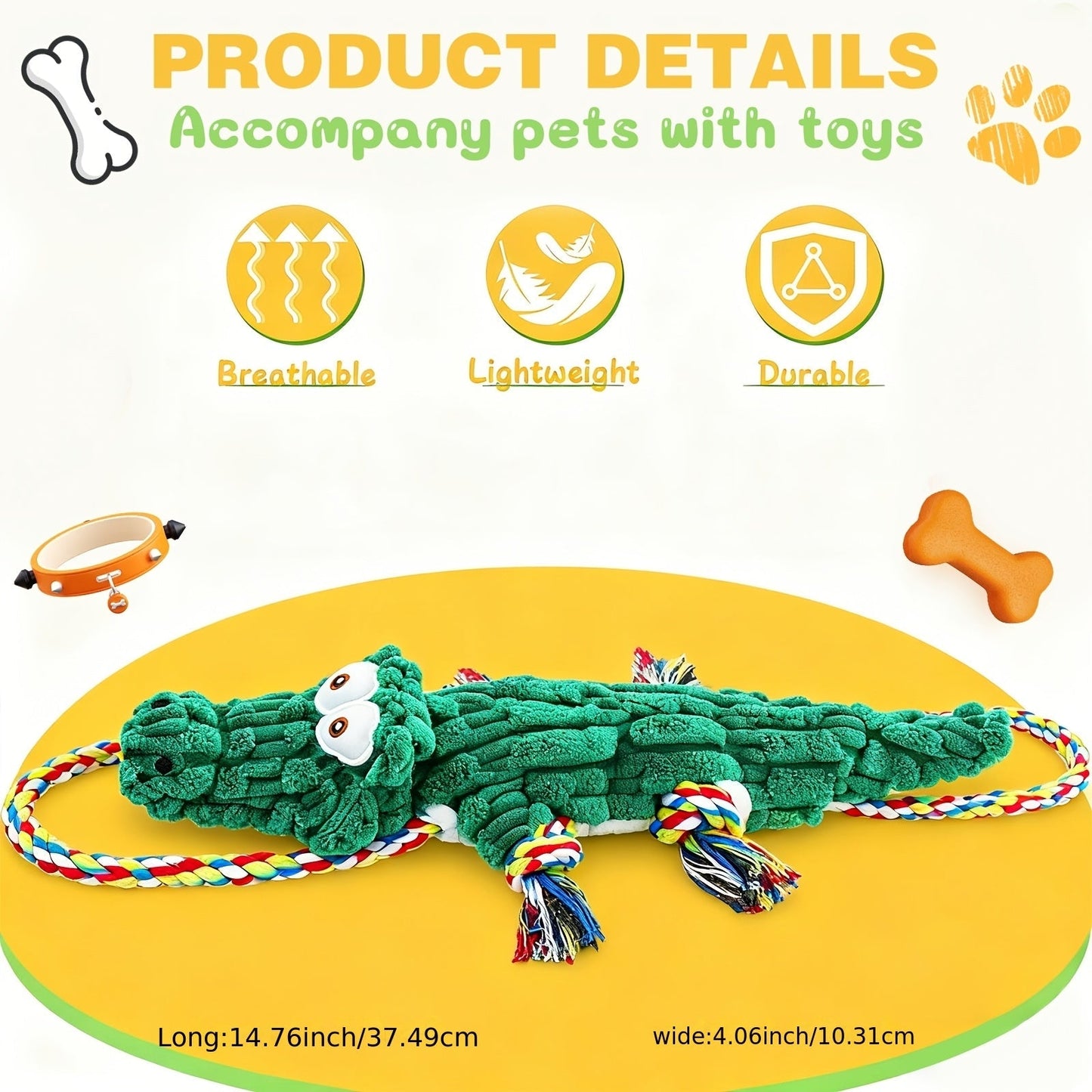 Crocodile Squeaky Dog Chew Toy with Built-In Squeaker – Durable Cotton Rope & Canvas Tug Toy for Small Medium Large Dogs, Teeth Cleaning, Interactive Tug-of-War, Aggressive Chewer Safe