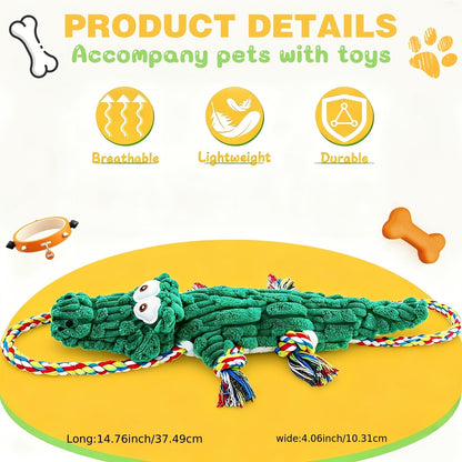 Crocodile Squeaky Dog Chew Toy with Built-In Squeaker – Durable Cotton Rope & Canvas Tug Toy for Small Medium Large Dogs, Teeth Cleaning, Interactive Tug-of-War, Aggressive Chewer Safe
