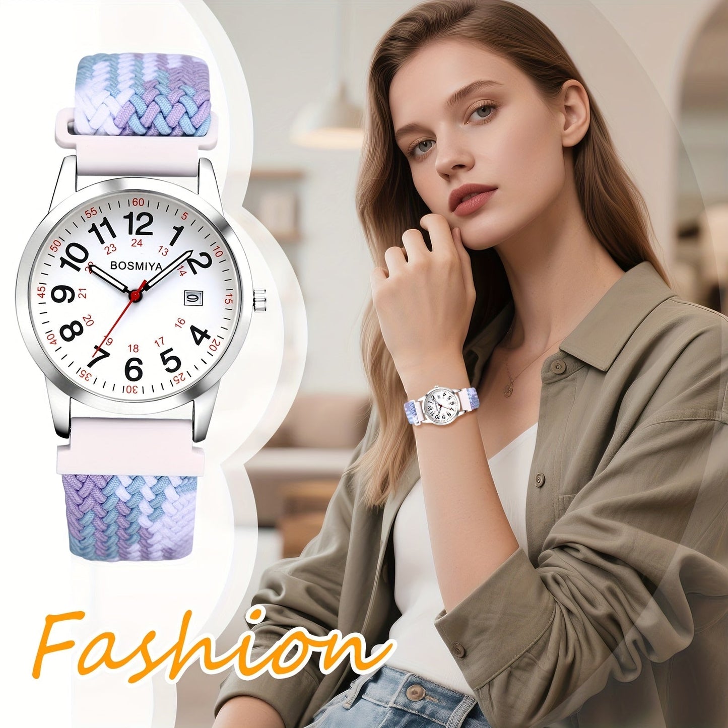Analog Quartz Sports Watch with Large Calendar Dial & Braided Nylon Strap – Easy-Read 24-Hour Round Case Wristwatch for Men & Women, Flexible Adjustable Elastic Band, 4 Styles