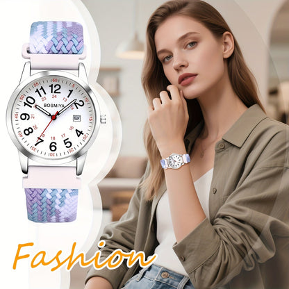 Analog Quartz Sports Watch with Large Calendar Dial & Braided Nylon Strap – Easy-Read 24-Hour Round Case Wristwatch for Men & Women, Flexible Adjustable Elastic Band, 4 Styles