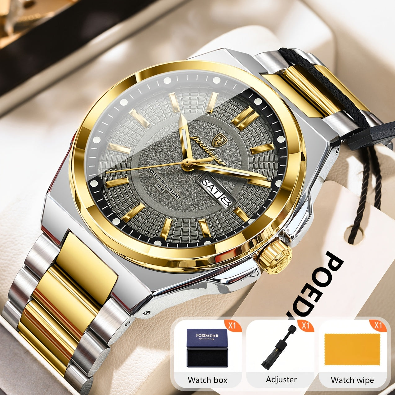 POEDAGAR Men's Quartz Watch Waterproof Luminous Stainless Steel Wristwatch with Weekly Calendar Display – Classic Elegant Design, Perfect Gift for Men, Multiple Color Options
