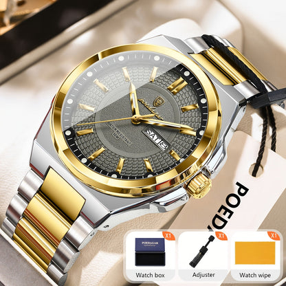 POEDAGAR Men's Quartz Watch Waterproof Luminous Stainless Steel Wristwatch with Weekly Calendar Display – Classic Elegant Design, Perfect Gift for Men, Multiple Color Options