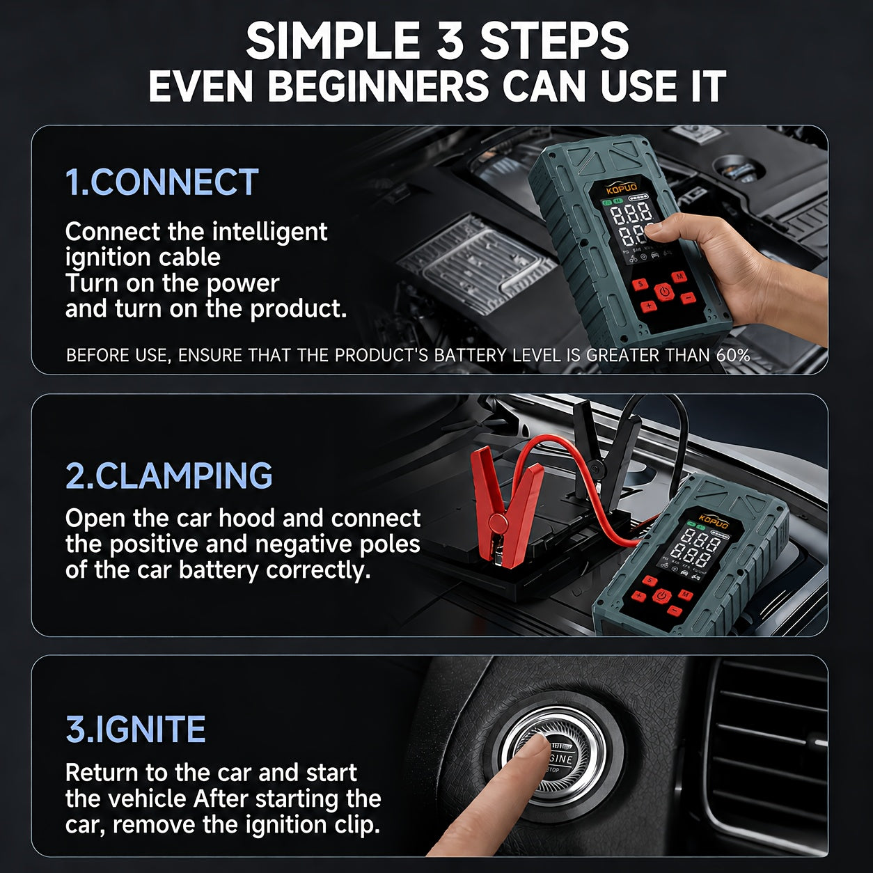 Portable Car Jump Starter 20000A Peak with Air Compressor, 7-in-1 Jump Starter Battery Pack 150PSI Tire Inflator, Power Bank, LED Light & Safety Hammer for 12V Gas & Diesel Engines – Roadside Emergency Kit