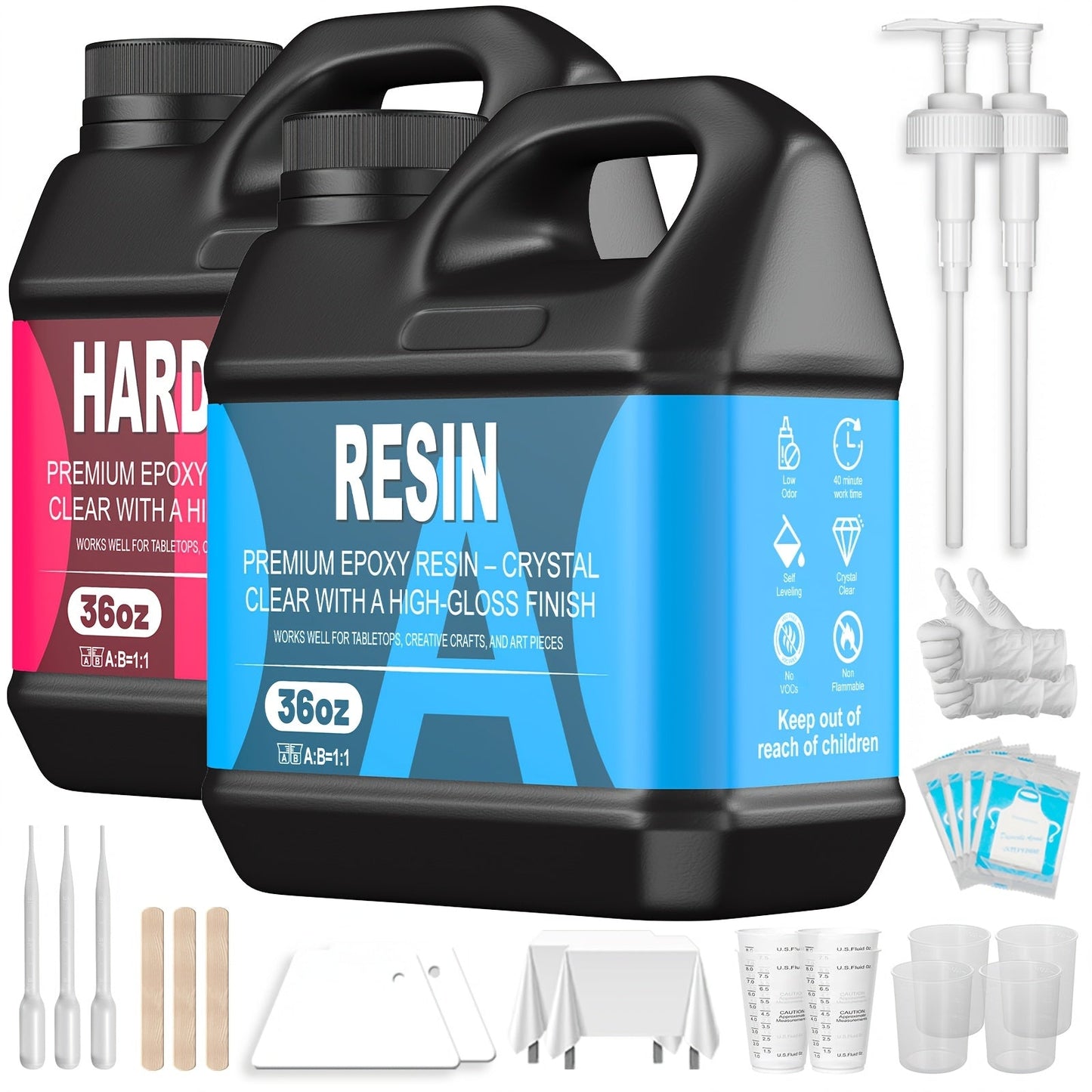 Ultra Clear Epoxy Resin Kit 2 Part Bubble-Free Yellowing-Resistant Self-Leveling for Countertops River Tables Casting Coating DIY Crafts - 32oz 72oz Fast Cure 1 Gallon with Pump