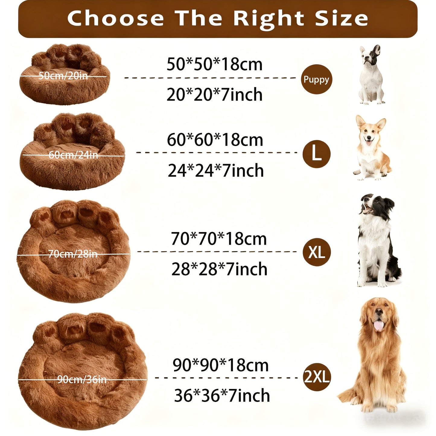 Bear Paw Plush Round Pet Bed for Dogs & Cats – Soft Calming Dog Bed, Non-Slip Cat Bed, Warm Cozy Puppy Bed, Small Medium Large, 20/24/28/36 Inch, Coffee/Pink/Gray