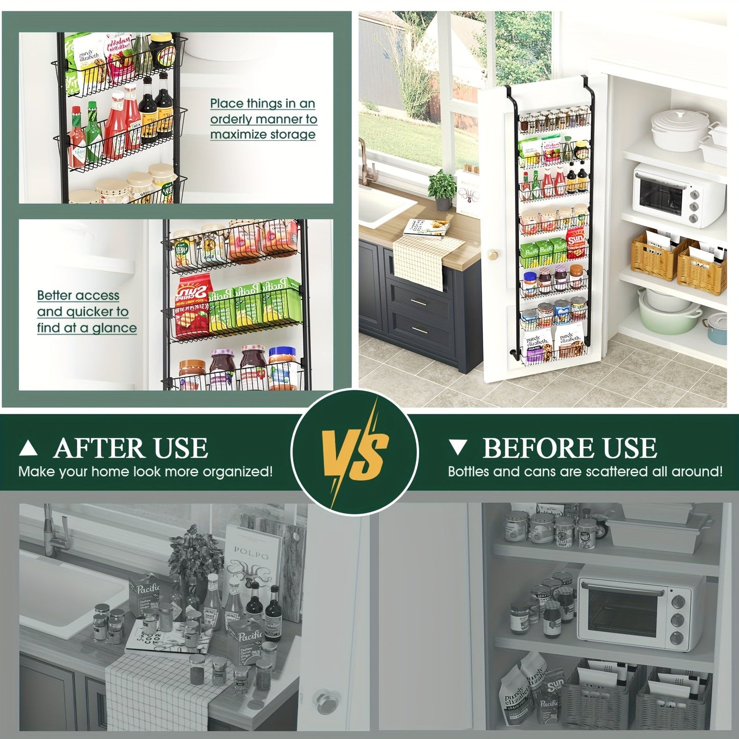 Over the Door Pantry Organizer 6 or 8 Shelf - Heavy-Duty Metal Hanging Storage Rack for Kitchen, Bathroom & Laundry Room, Space-Saving Spice & Food Organizer, Black or White