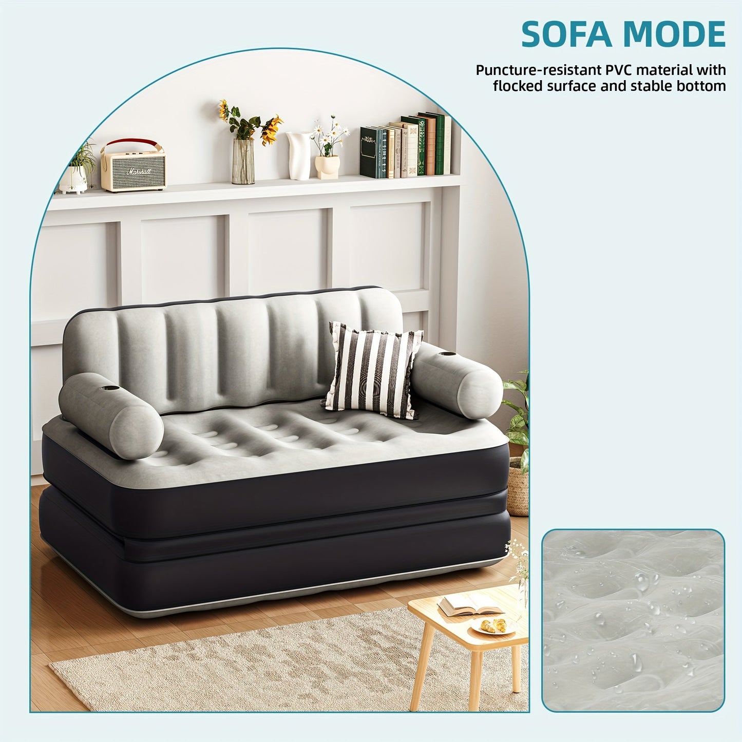 Inflatable Air Sofa Bed 2-in-1 Queen Size – Portable Blow Up Couch & Airbed with Headboard, Cup Holders, External Pump & Storage Bag, 440 lb Capacity for Home, Camping & Guests