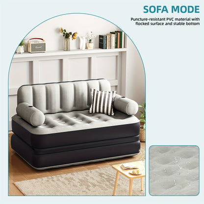 Inflatable Air Sofa Bed 2-in-1 Queen Size – Portable Blow Up Couch & Airbed with Headboard, Cup Holders, External Pump & Storage Bag, 440 lb Capacity for Home, Camping & Guests
