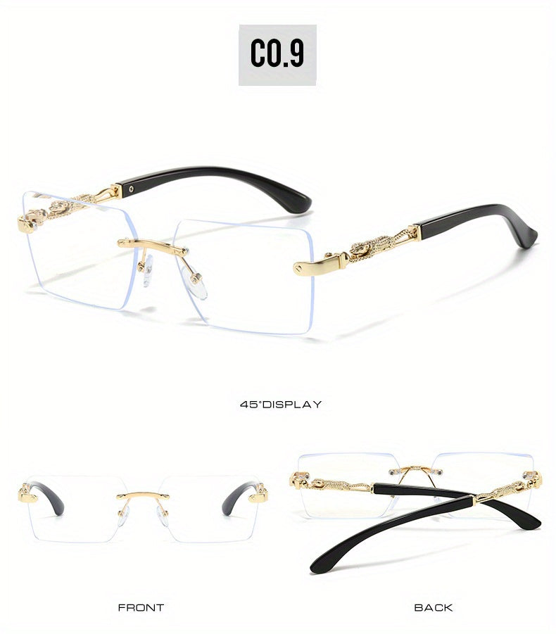 Unisex Luxury Frameless Sunglasses with Leopard Arms - UV400 Narrow Rectangular Lens Black & Gold Fashion Eyewear for Men & Women, Includes Protective Case & Cleaning Cloth for Driving Travel & Parties