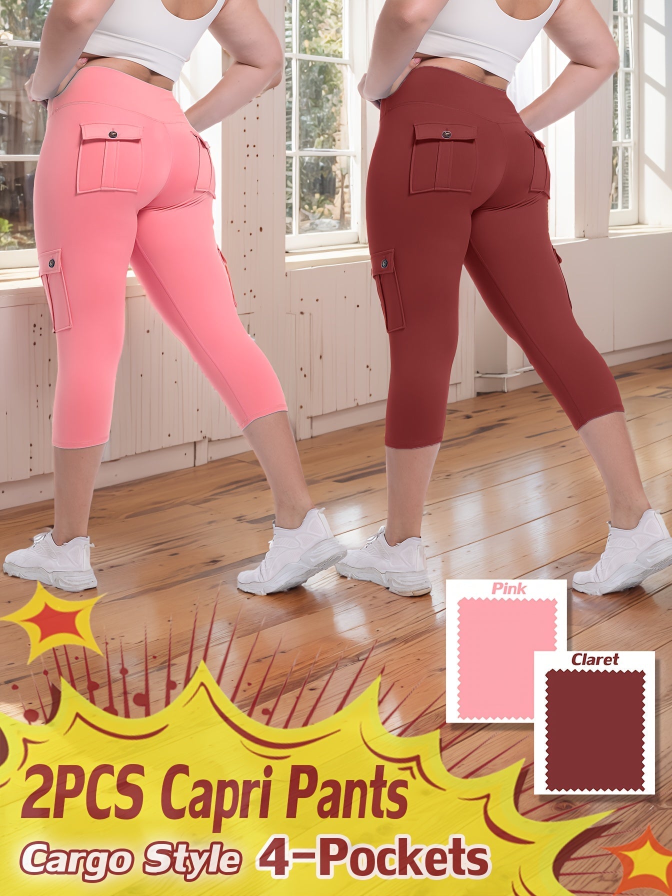 High Waist Yoga Capri Pants 2-Pack – Butt Lifting Tummy Control 4-Way Stretch Spandex Leggings with 4 Pockets, Three-Quarter Athletic Activewear for Women, 9 Color Sets, Sizes S-XXL