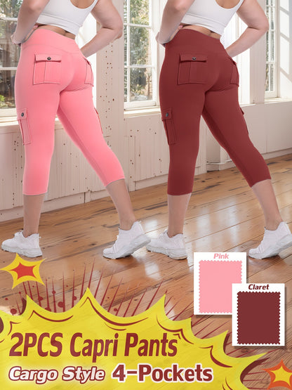 High Waist Yoga Capri Pants 2-Pack – Butt Lifting Tummy Control 4-Way Stretch Spandex Leggings with 4 Pockets, Three-Quarter Athletic Activewear for Women, 9 Color Sets, Sizes S-XXL