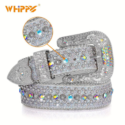 Rhinestone Belt Unisex Western Cowgirl Bling Belt – Sparkling Faux Leather Adjustable Waist Belt with Alloy Buckle for Women Men Sizes S-XL Party Festival Halloween Christmas Gift
