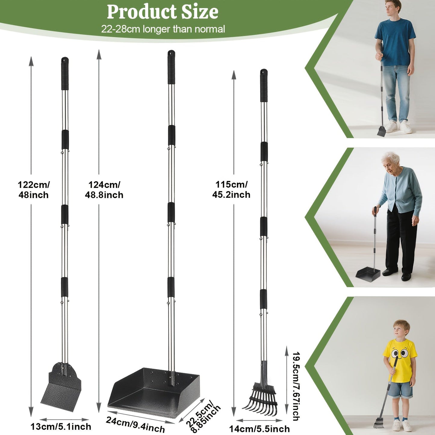 Heavy-Duty Dog Pooper Scooper with 48" Extended Handle – Stainless Steel Swivel Tray, Rake & Spade Set for Grass, Dirt & Gravel, No-Bend Pet Waste Removal for All Dog Sizes (2/3 Piece Set)