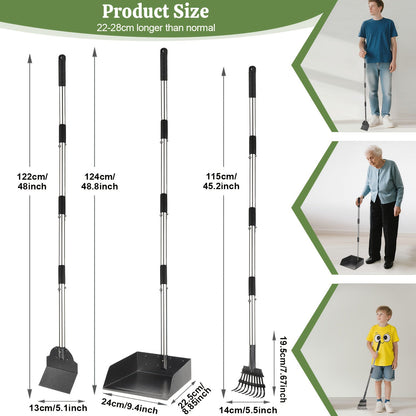 Heavy-Duty Dog Pooper Scooper with 48" Extended Handle – Stainless Steel Swivel Tray, Rake & Spade Set for Grass, Dirt & Gravel, No-Bend Pet Waste Removal for All Dog Sizes (2/3 Piece Set)