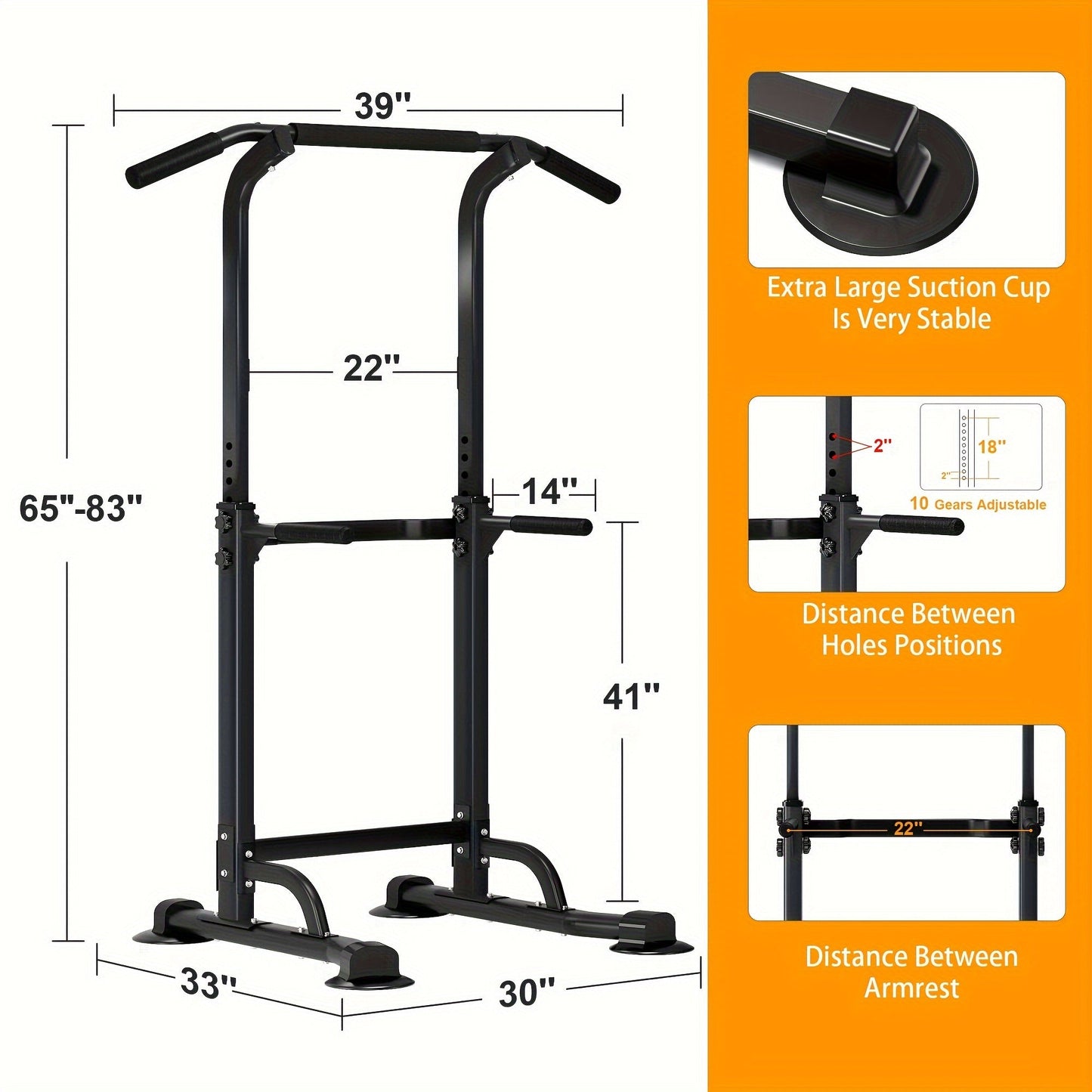 Adjustable Power Tower Dip Station Pull Up Bar for Home Gym 10 Height Levels 65-82.7 Inch 330LBS Capacity 6 Exercise Positions Full Body Strength Training Black Red Yellow Blue Pink Orange