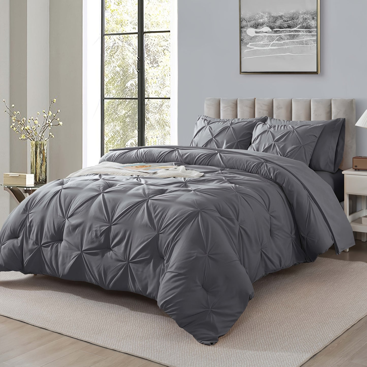 Comforter Set 7 Piece Queen King Full - Soft Microfiber Pintuck Pleated Bed in a Bag Complete Bedding Set with Comforter, Fitted Sheet, Flat Sheet & Pillowcases, All Season Home & Dorm Bedding